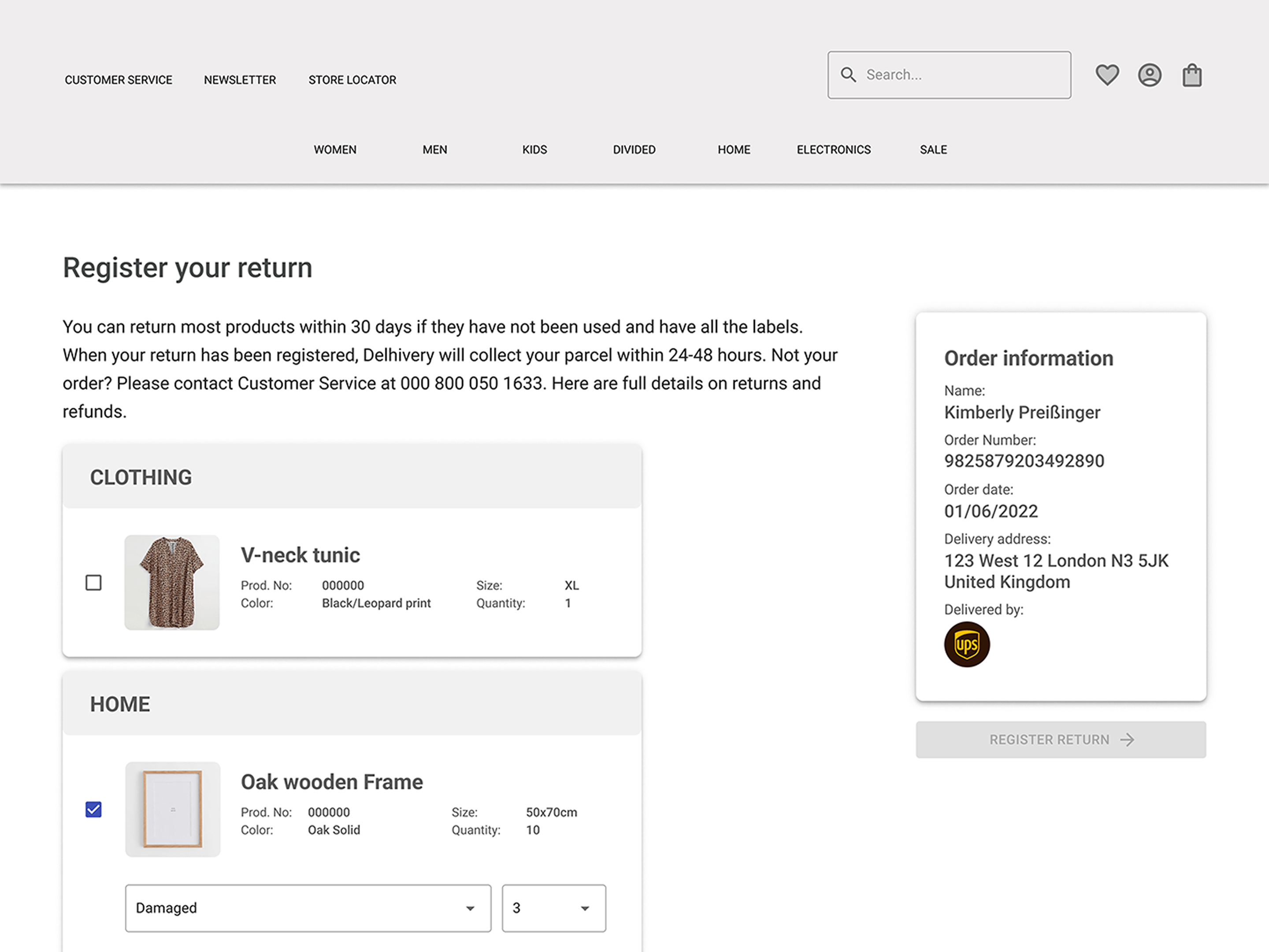 Returns portal interface showing product selection, reason for return, and customer order information designed by Bruno de Aviz.